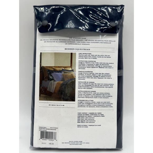 Ralph Lauren Home Equestrian Windowpane Sham Navy Standard Sham NEW $185., - Picture 4 of 12